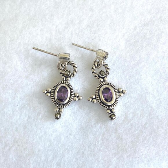 Sterling Silver 925 Oval Purple CZ & Marcasite Rope Accent Dangle Drop Earrings - Picture 8 of 16